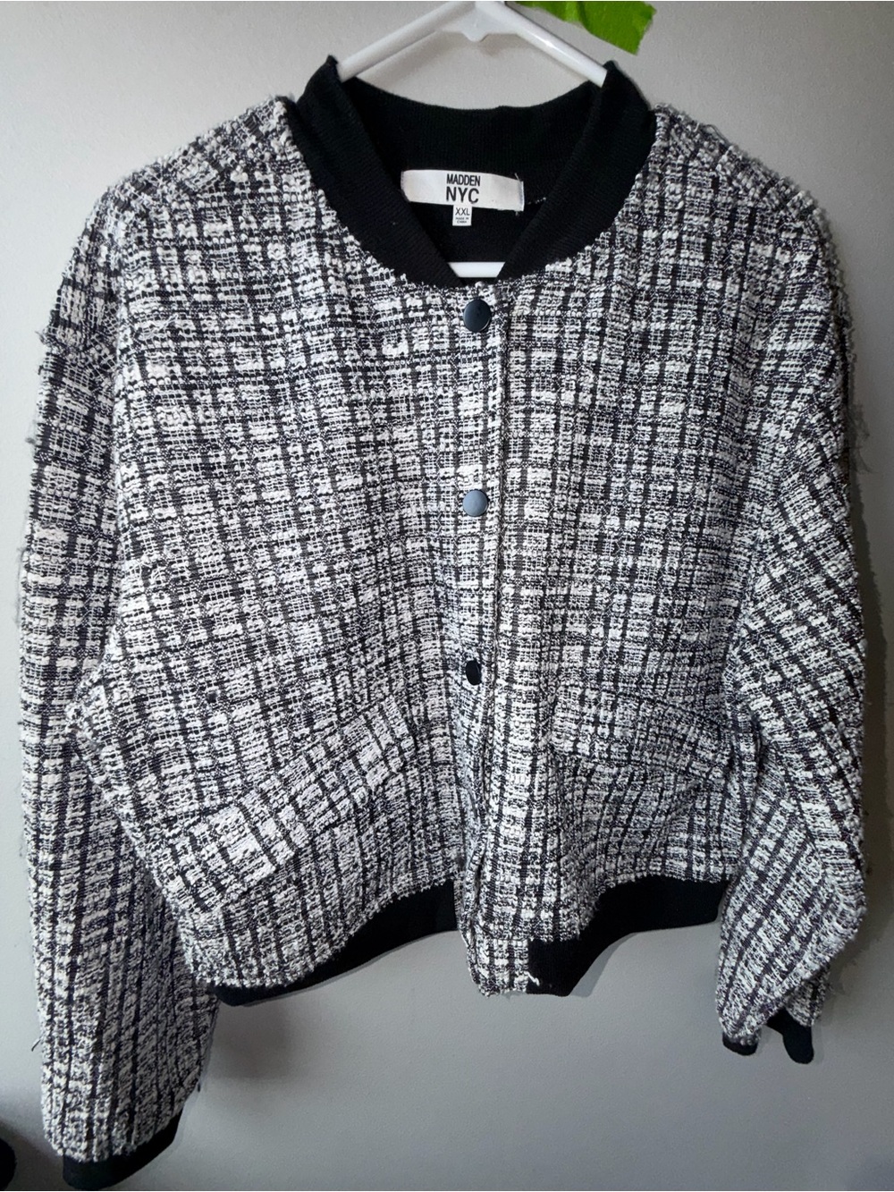 Madden NYC Black & White Tweed Bomber-Style Jacket